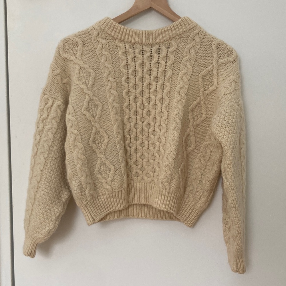 Tivoli Cream 100% Irish Wool Fisherman Multi Cable  Aran Knit Heavy Sweater XS